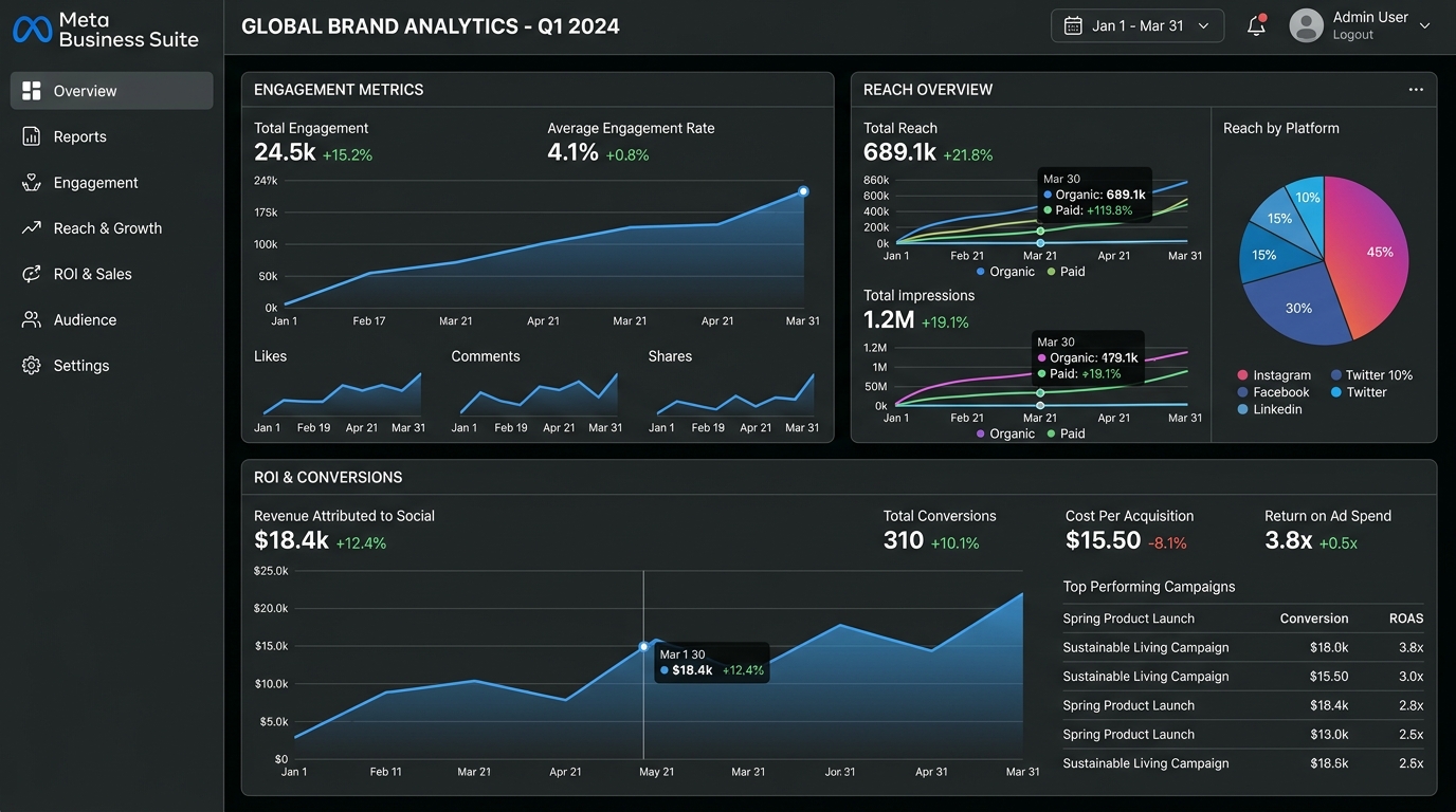 Social media analytics dashboard showing engagement rate, reach and ROI metrics