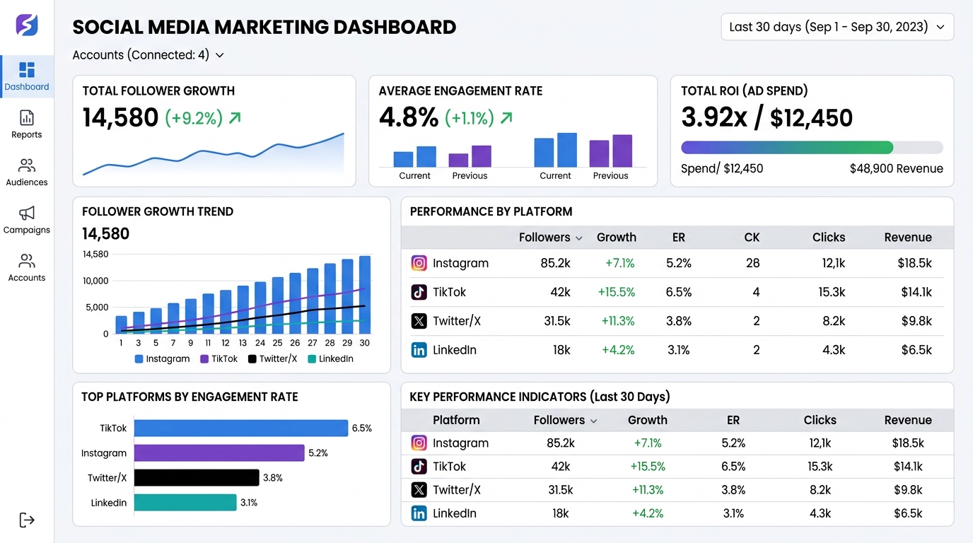 Social media marketing strategy overview — platform icons and digital marketing campaign